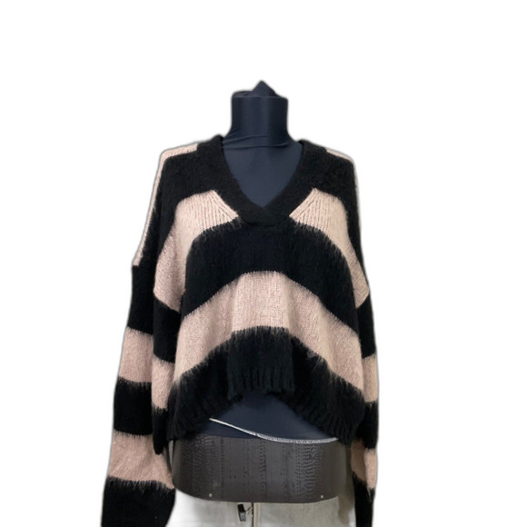 Allsaints  Lou Brushed Striped Crop Sweater women’s S fuzzy v neck mkt. Distress - Picture 1 of 12